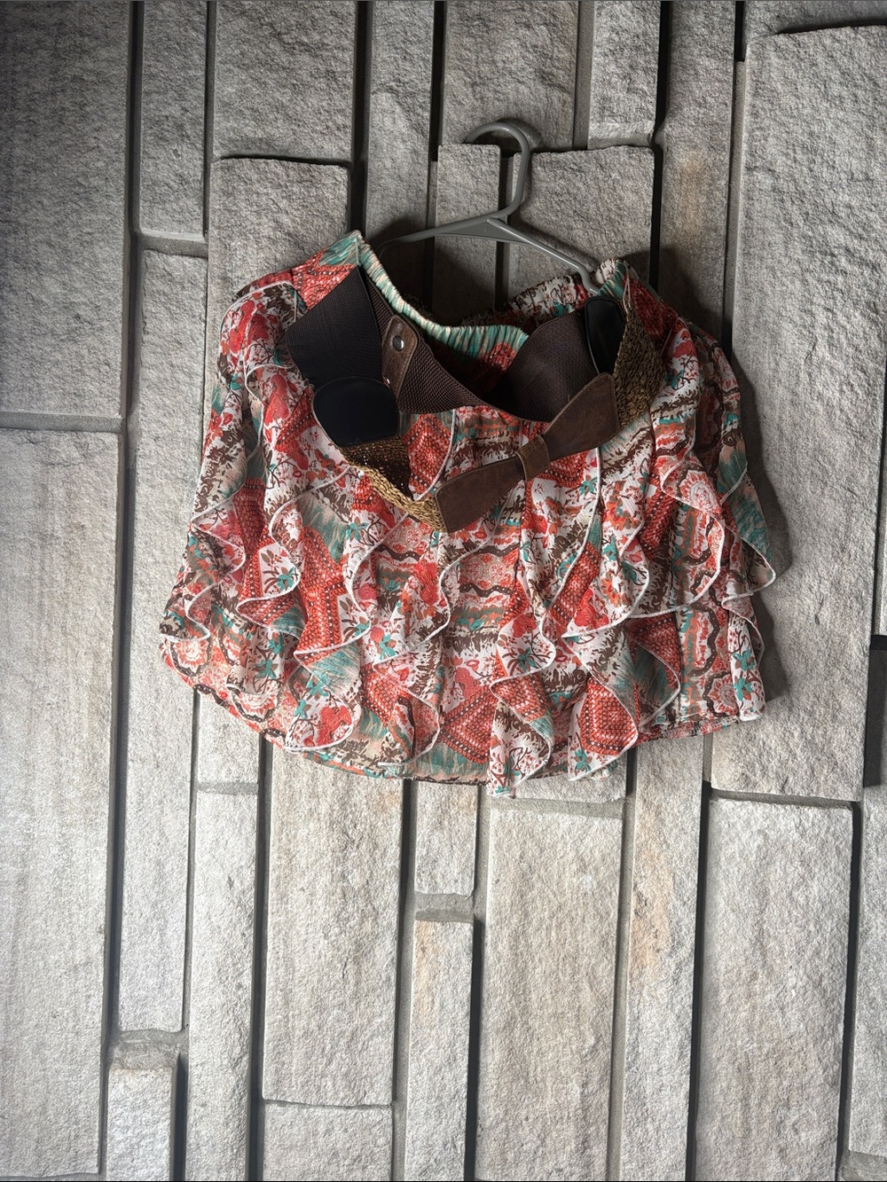 Vanity Coral & Teal Ruffled Floral Crop Top